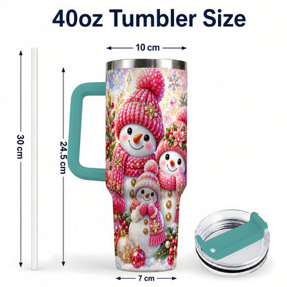 #pl[40oz|Green] Jeweled Snowman Family 40oz Tumbler with Handle, Winter Travel Cup