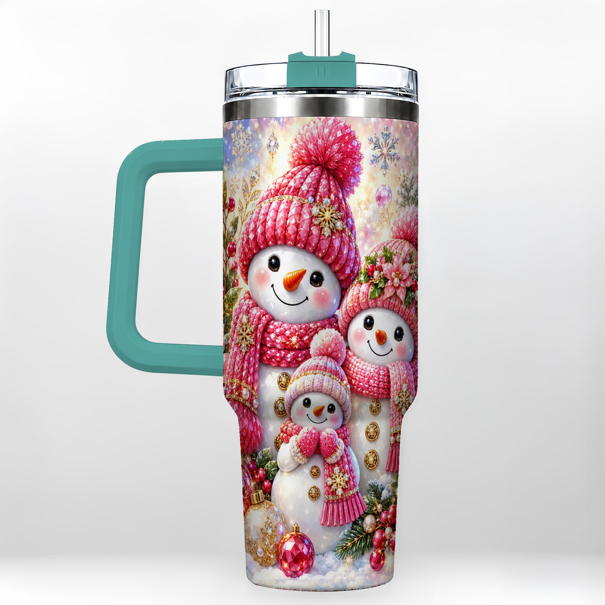#pl[40oz|Green] Jeweled Snowman Family 40oz Tumbler with Handle, Winter Travel Cup