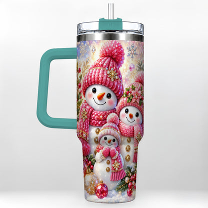 #pl[40oz|Green] Jeweled Snowman Family 40oz Tumbler with Handle, Winter Travel Cup
