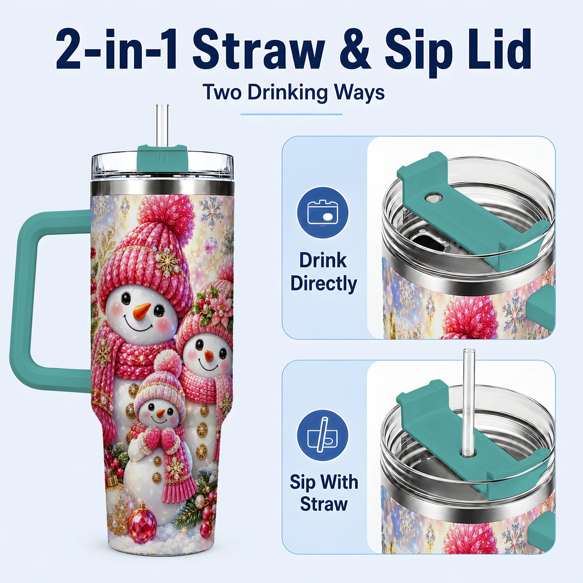#pl[40oz|Green] Jeweled Snowman Family 40oz Tumbler with Handle, Winter Travel Cup