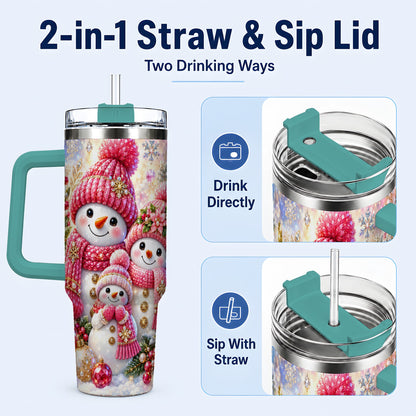 #pl[40oz|Green] Jeweled Snowman Family 40oz Tumbler with Handle, Winter Travel Cup