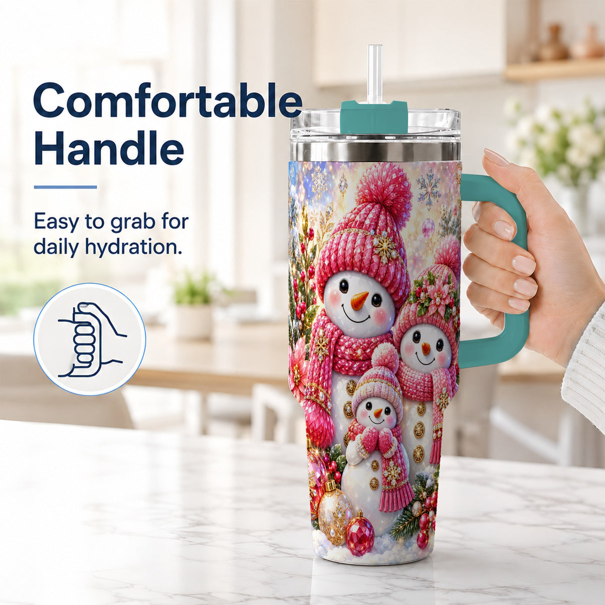 #pl[40oz|Green] Jeweled Snowman Family 40oz Tumbler with Handle, Winter Travel Cup