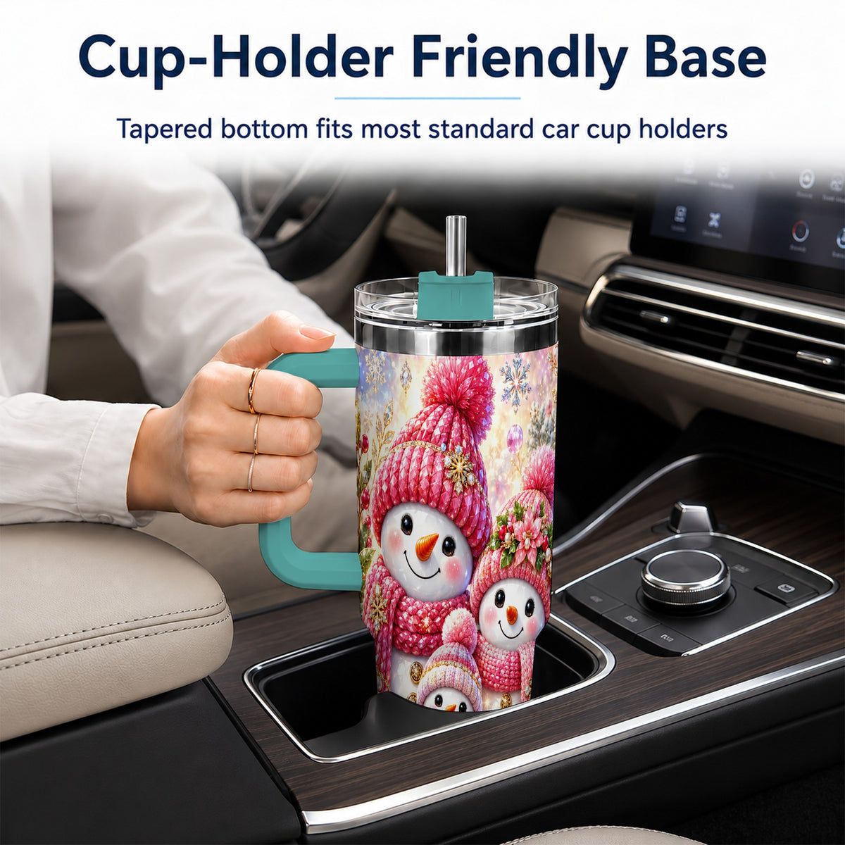 #pl[40oz|Green] Jeweled Snowman Family 40oz Tumbler with Handle, Winter Travel Cup