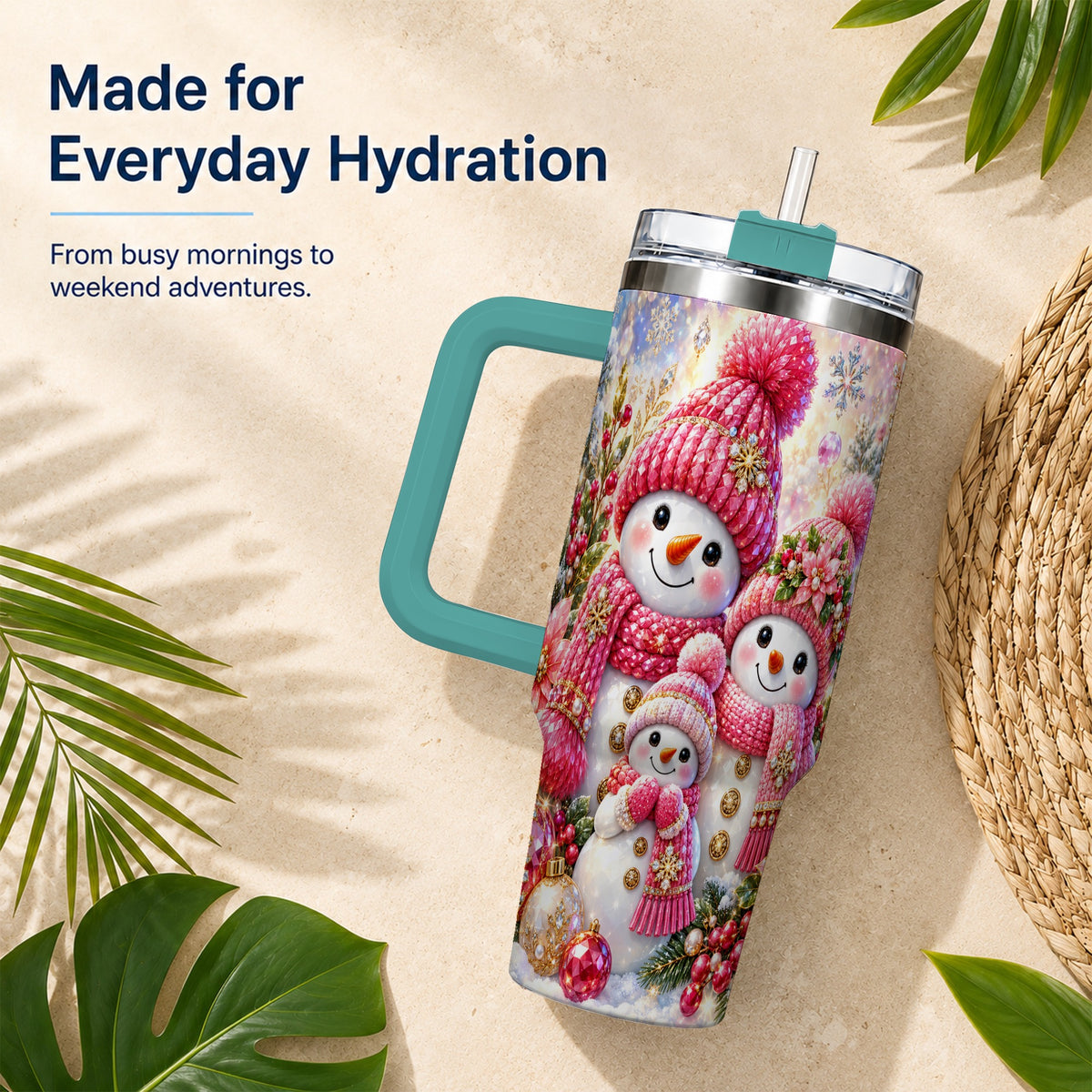 #pl[40oz|Green] Jeweled Snowman Family 40oz Tumbler with Handle, Winter Travel Cup