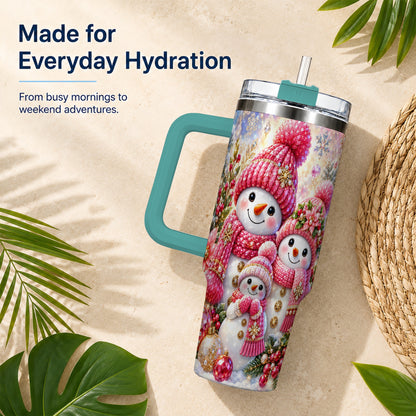 #pl[40oz|Green] Jeweled Snowman Family 40oz Tumbler with Handle, Winter Travel Cup