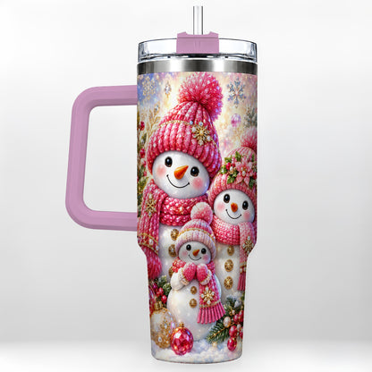 #pl[40oz|Pink] Jeweled Snowman Family 40oz Tumbler with Handle, Winter Travel Cup