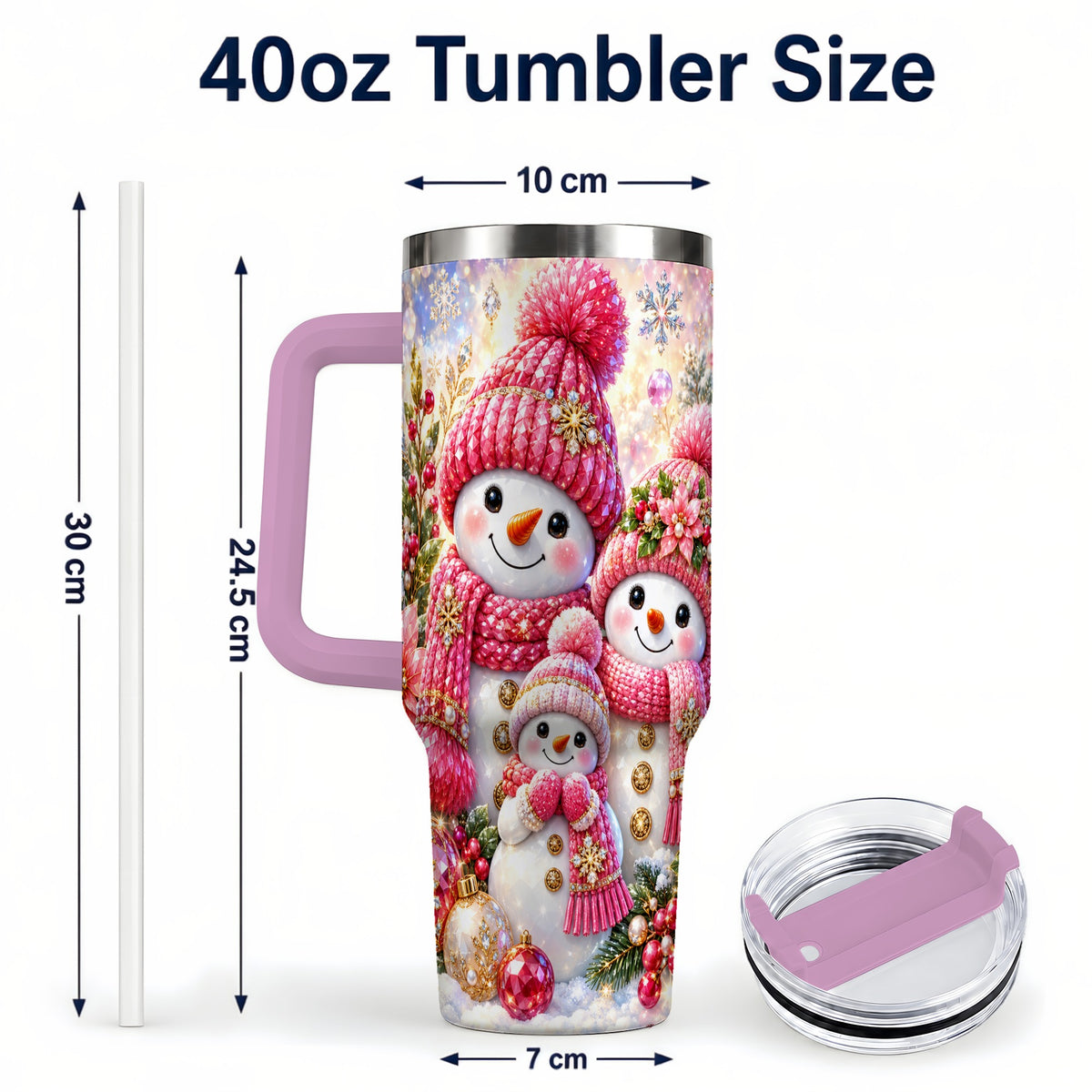 #pl[40oz|Pink] Jeweled Snowman Family 40oz Tumbler with Handle, Winter Travel Cup