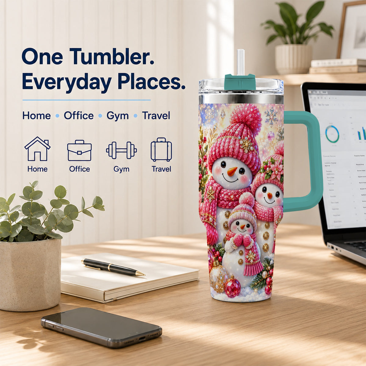 #pl[40oz|Green] Jeweled Snowman Family 40oz Tumbler with Handle, Winter Travel Cup
