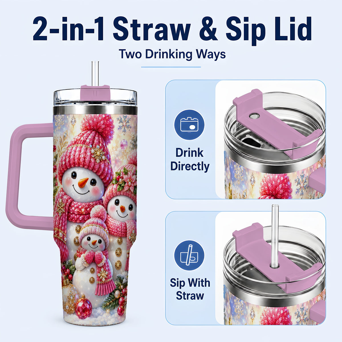 #pl[40oz|Pink] Jeweled Snowman Family 40oz Tumbler with Handle, Winter Travel Cup