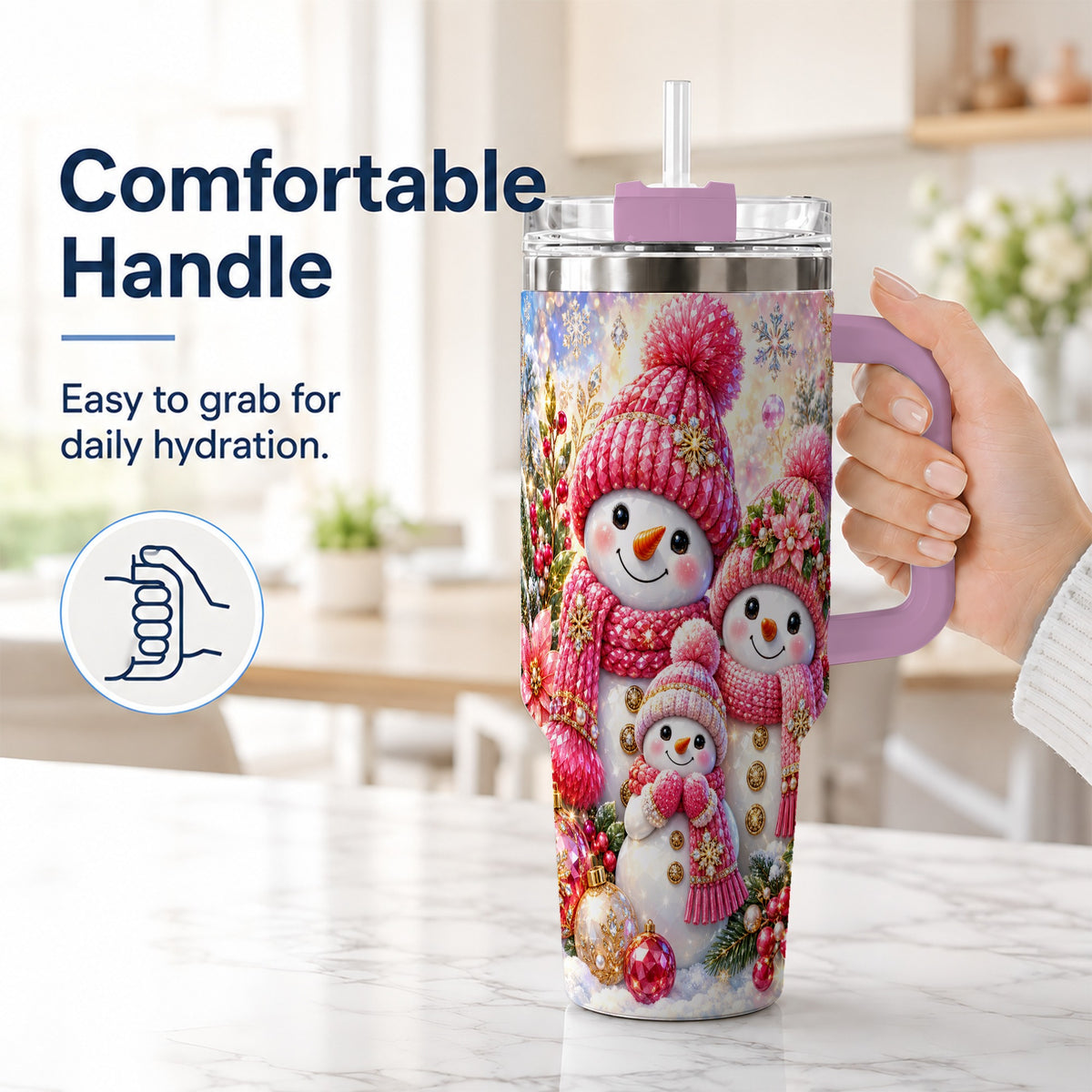 #pl[40oz|Pink] Jeweled Snowman Family 40oz Tumbler with Handle, Winter Travel Cup