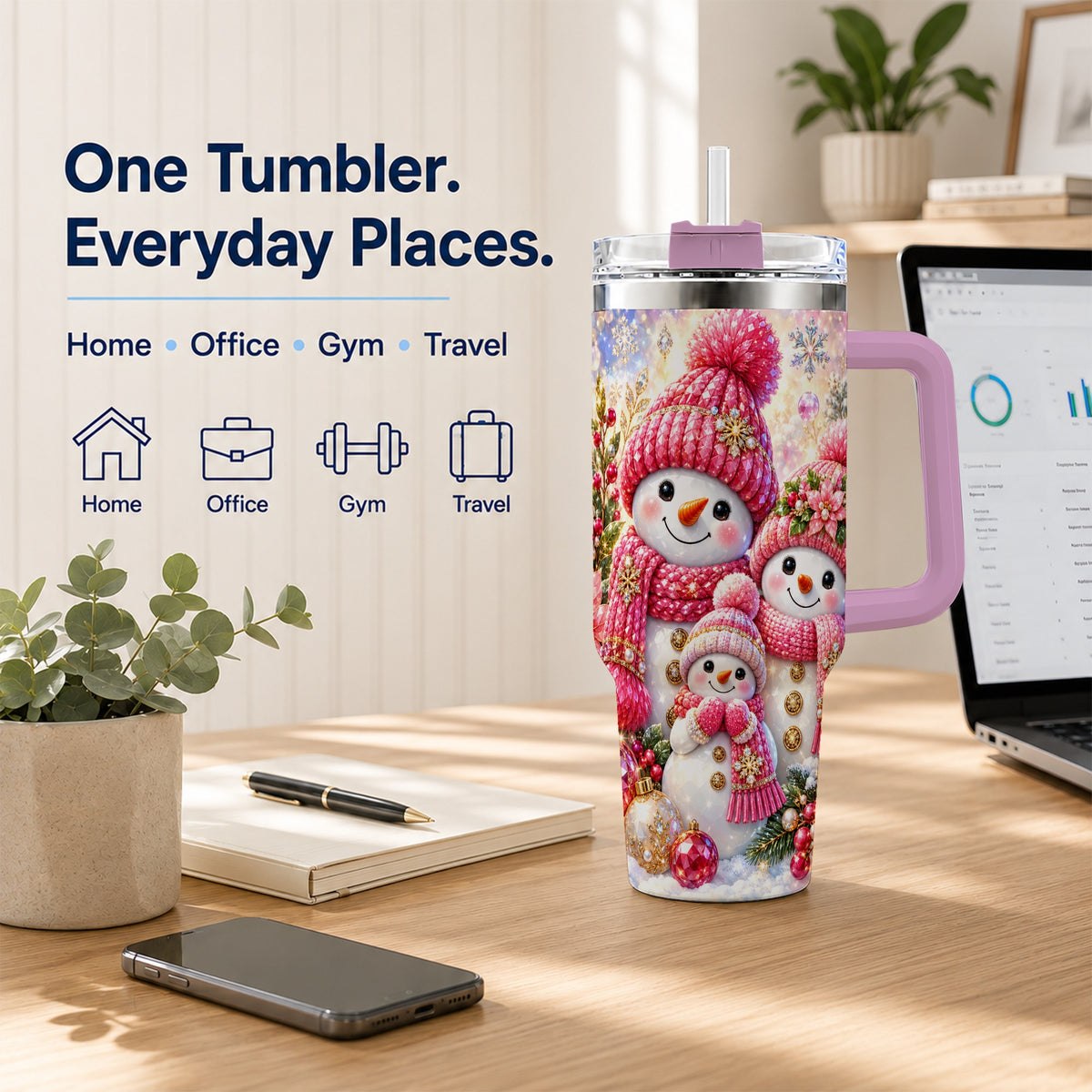 #pl[40oz|Pink] Jeweled Snowman Family 40oz Tumbler with Handle, Winter Travel Cup