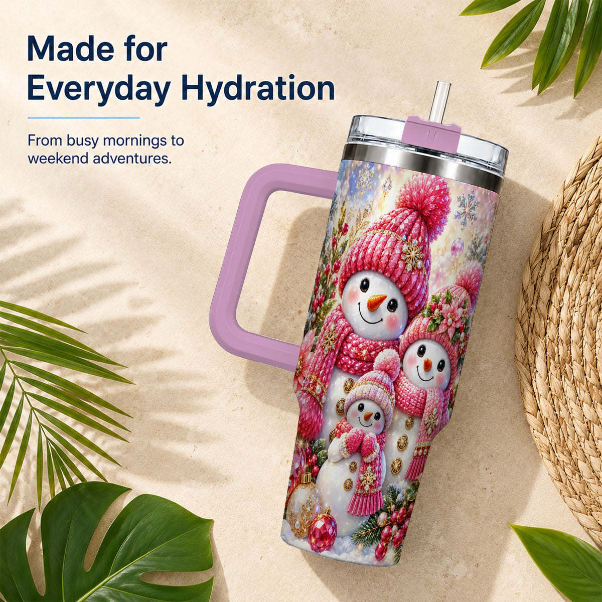 #pl[40oz|Pink] Jeweled Snowman Family 40oz Tumbler with Handle, Winter Travel Cup