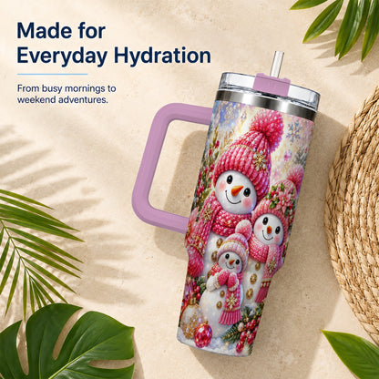 #pl[40oz|Pink] Jeweled Snowman Family 40oz Tumbler with Handle, Winter Travel Cup