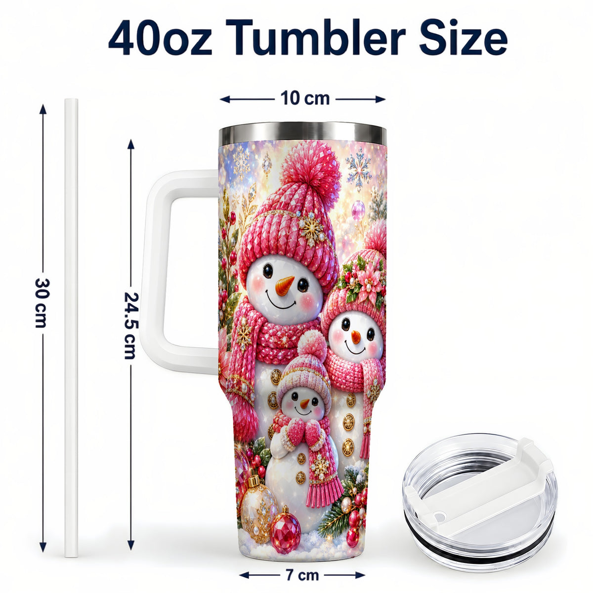 #pl[40oz|White] Jeweled Snowman Family 40oz Tumbler with Handle, Winter Travel Cup