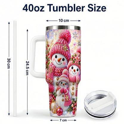 #pl[40oz|White] Jeweled Snowman Family 40oz Tumbler with Handle, Winter Travel Cup