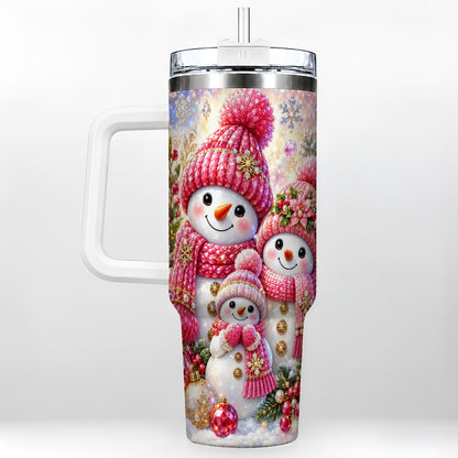 Jeweled Snowman Family 40oz Tumbler with Handle, Winter Travel Cup