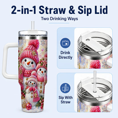#pl[40oz|White] Jeweled Snowman Family 40oz Tumbler with Handle, Winter Travel Cup