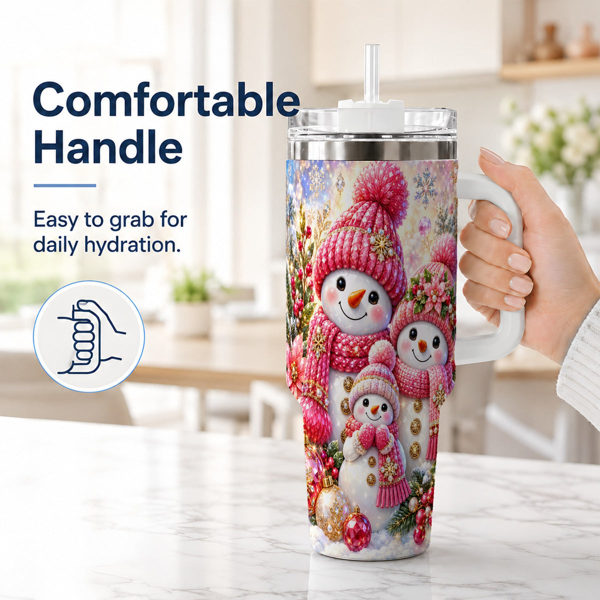 #pl[40oz|White] Jeweled Snowman Family 40oz Tumbler with Handle, Winter Travel Cup
