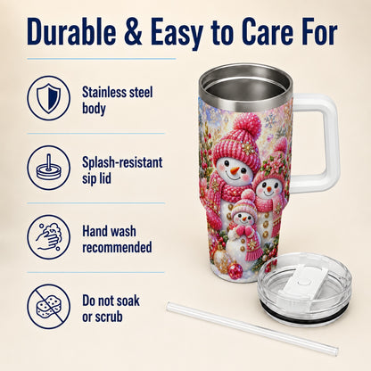 #pl[40oz|White] Jeweled Snowman Family 40oz Tumbler with Handle, Winter Travel Cup