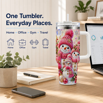 #pl[40oz|White] Jeweled Snowman Family 40oz Tumbler with Handle, Winter Travel Cup