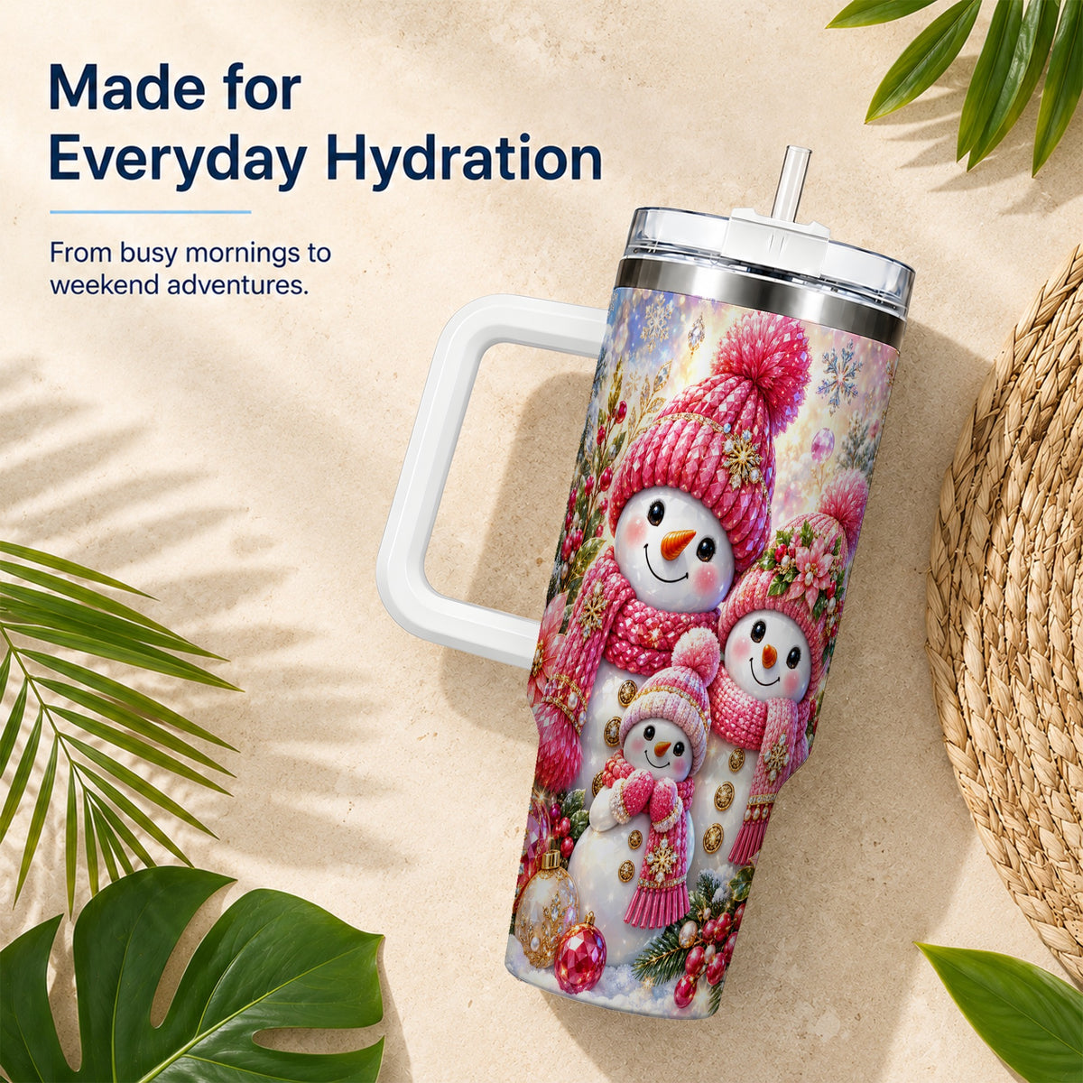 #pl[40oz|White] Jeweled Snowman Family 40oz Tumbler with Handle, Winter Travel Cup