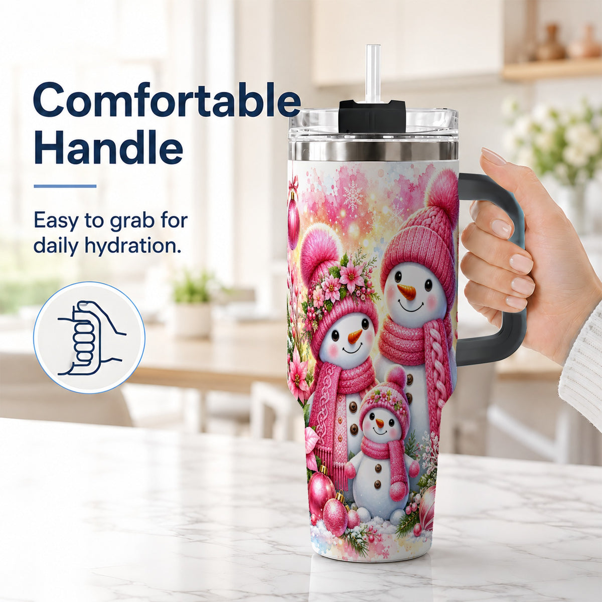 #pl[40oz|Black] Christmas Snowman Family 40oz Tumbler with Handle, Holiday Travel Cup