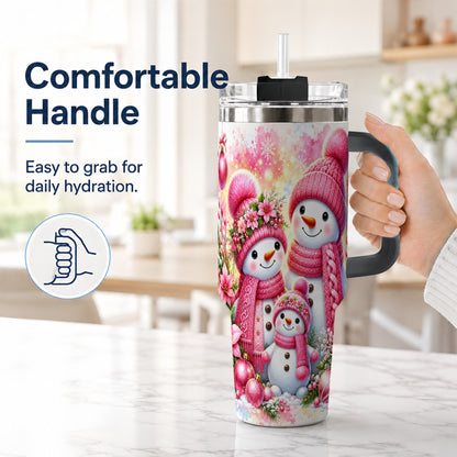 #pl[40oz|Black] Christmas Snowman Family 40oz Tumbler with Handle, Holiday Travel Cup