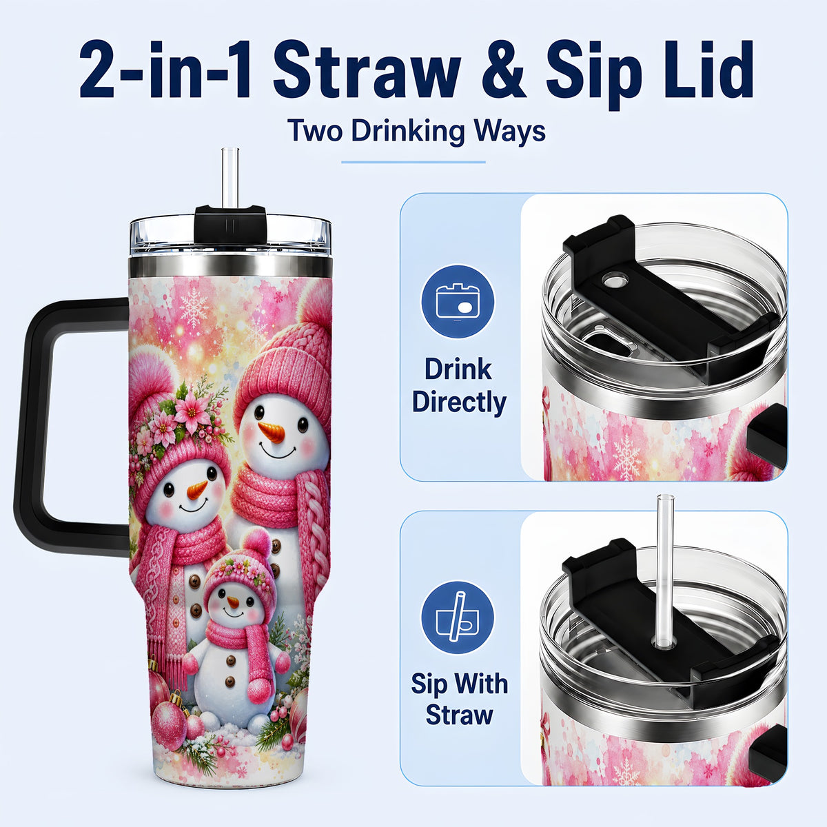 #pl[40oz|Black] Christmas Snowman Family 40oz Tumbler with Handle, Holiday Travel Cup