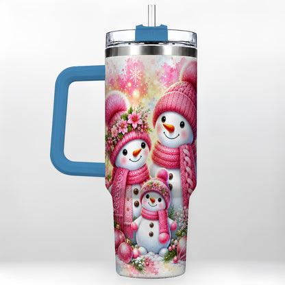#pl[40oz|Blue] Christmas Snowman Family 40oz Tumbler with Handle, Holiday Travel Cup