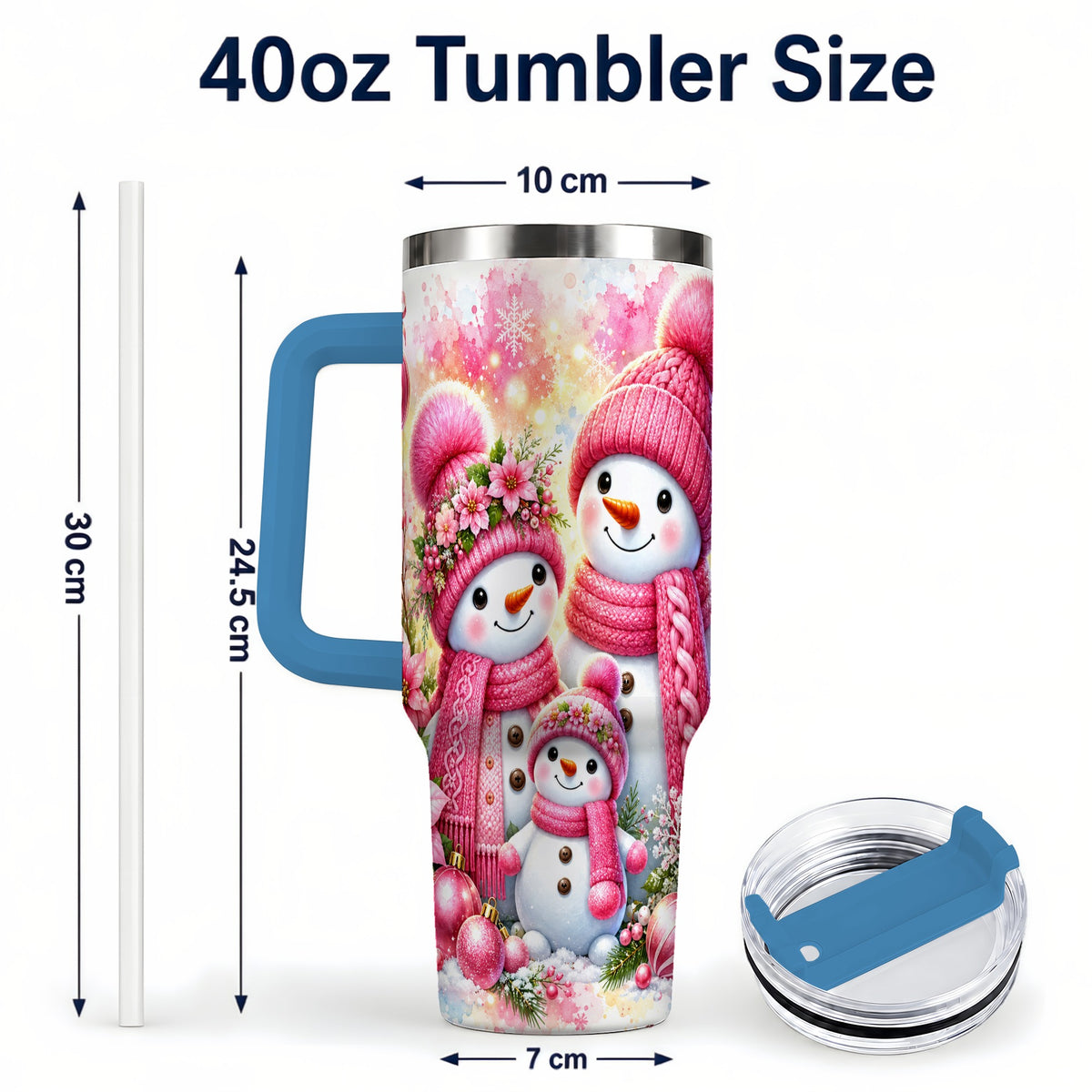 #pl[40oz|Blue] Christmas Snowman Family 40oz Tumbler with Handle, Holiday Travel Cup