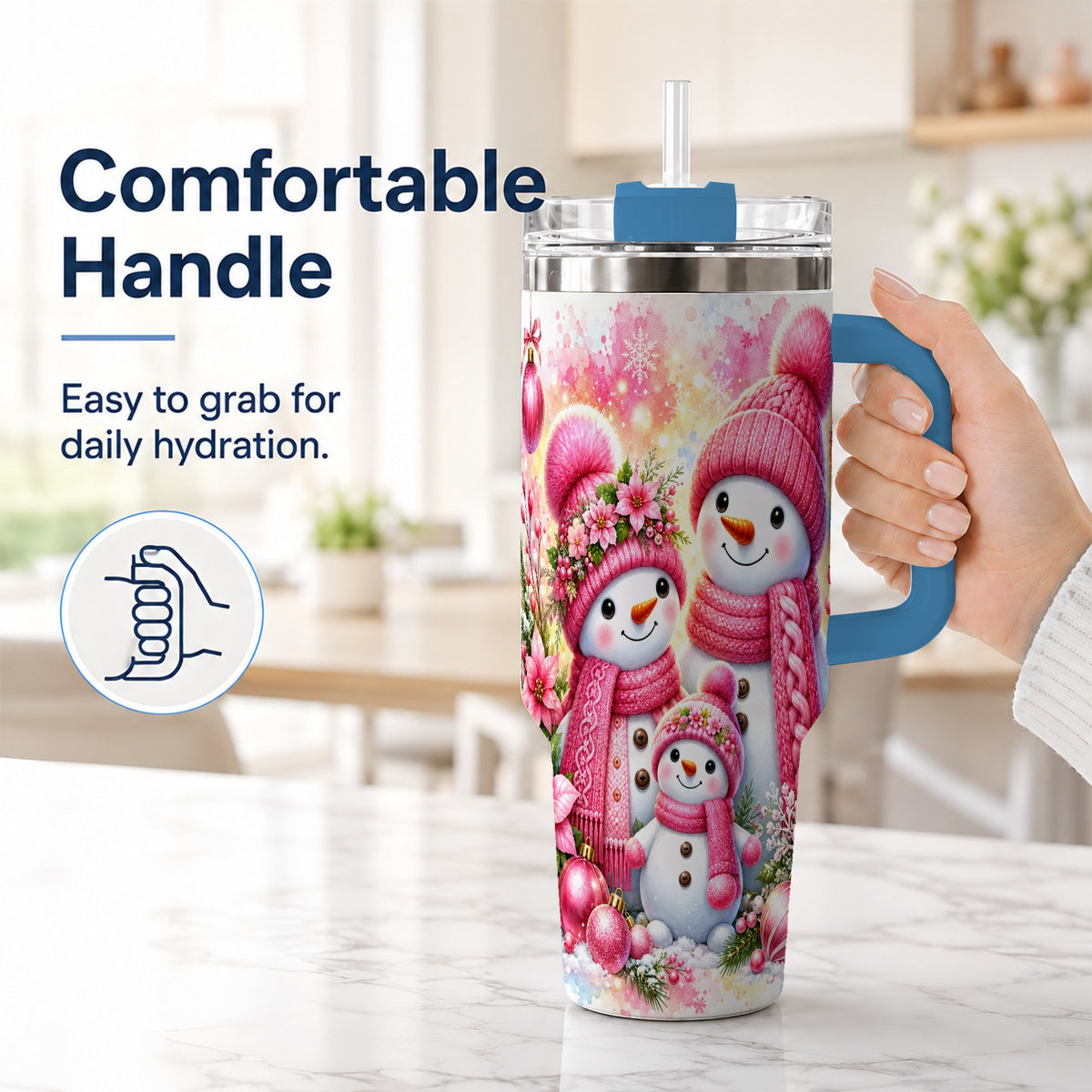 #pl[40oz|Blue] Christmas Snowman Family 40oz Tumbler with Handle, Holiday Travel Cup