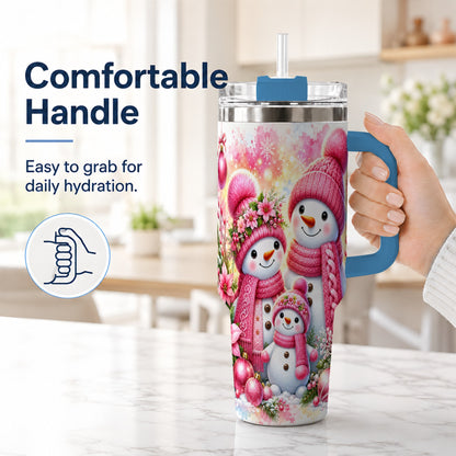 #pl[40oz|Blue] Christmas Snowman Family 40oz Tumbler with Handle, Holiday Travel Cup