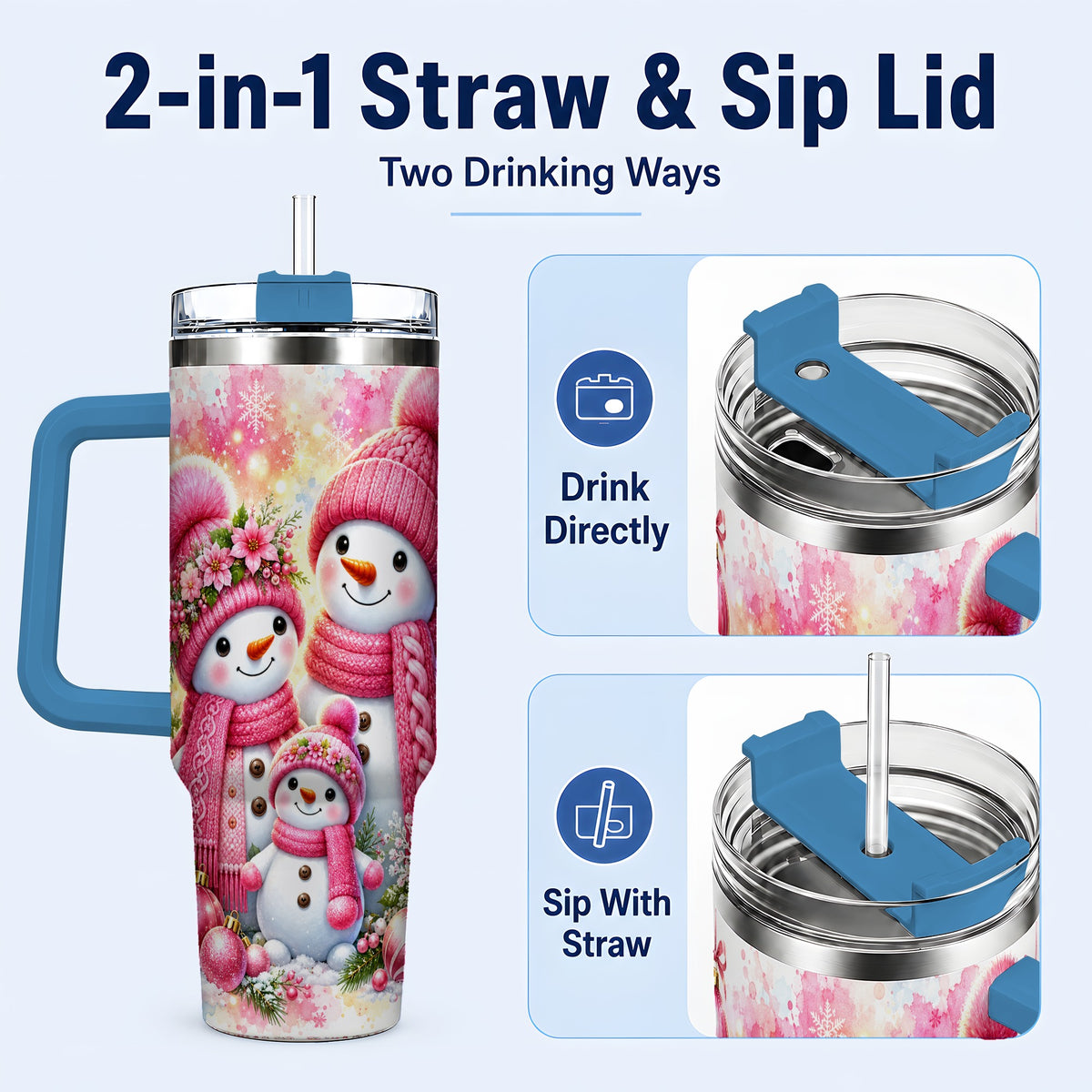 #pl[40oz|Blue] Christmas Snowman Family 40oz Tumbler with Handle, Holiday Travel Cup