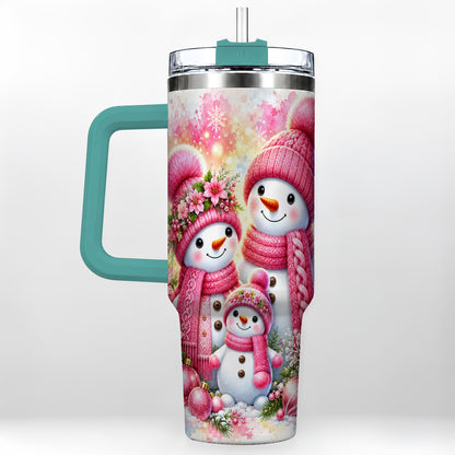 #pl[40oz|Green] Christmas Snowman Family 40oz Tumbler with Handle, Holiday Travel Cup