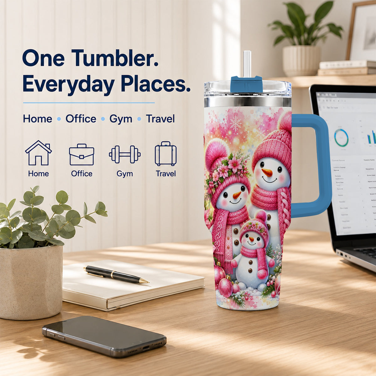 #pl[40oz|Blue] Christmas Snowman Family 40oz Tumbler with Handle, Holiday Travel Cup