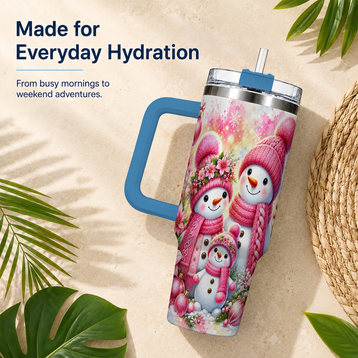 #pl[40oz|Blue] Christmas Snowman Family 40oz Tumbler with Handle, Holiday Travel Cup