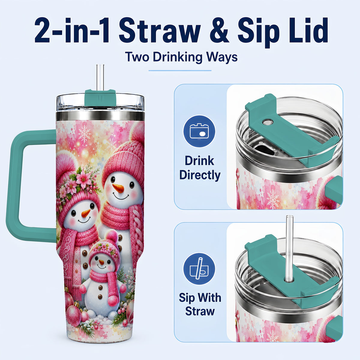 #pl[40oz|Green] Christmas Snowman Family 40oz Tumbler with Handle, Holiday Travel Cup