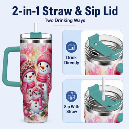 #pl[40oz|Green] Christmas Snowman Family 40oz Tumbler with Handle, Holiday Travel Cup