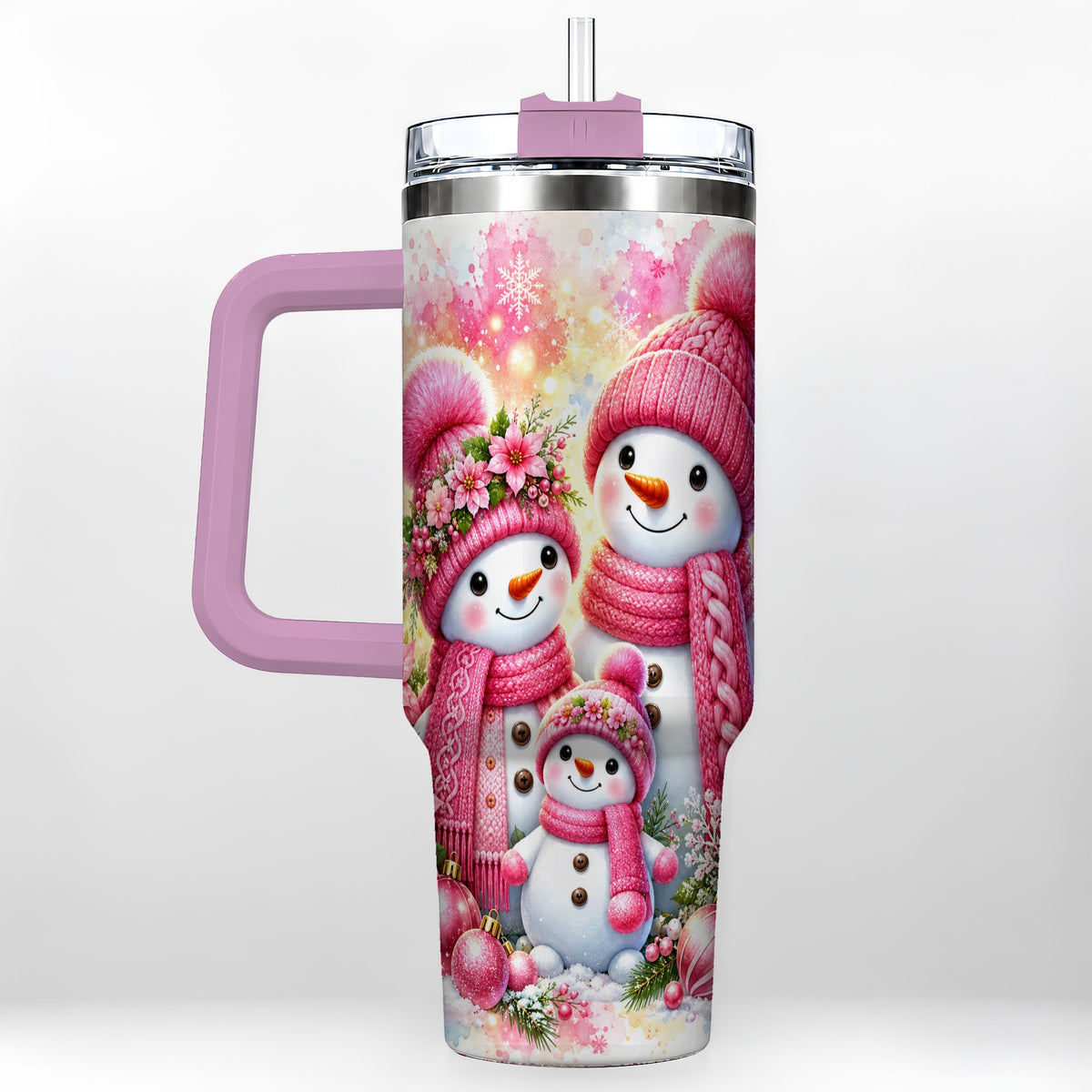 #pl[40oz|Pink] Christmas Snowman Family 40oz Tumbler with Handle, Holiday Travel Cup