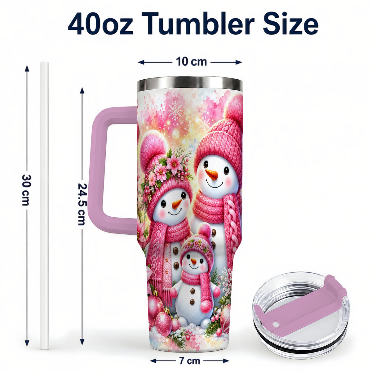 #pl[40oz|Pink] Christmas Snowman Family 40oz Tumbler with Handle, Holiday Travel Cup
