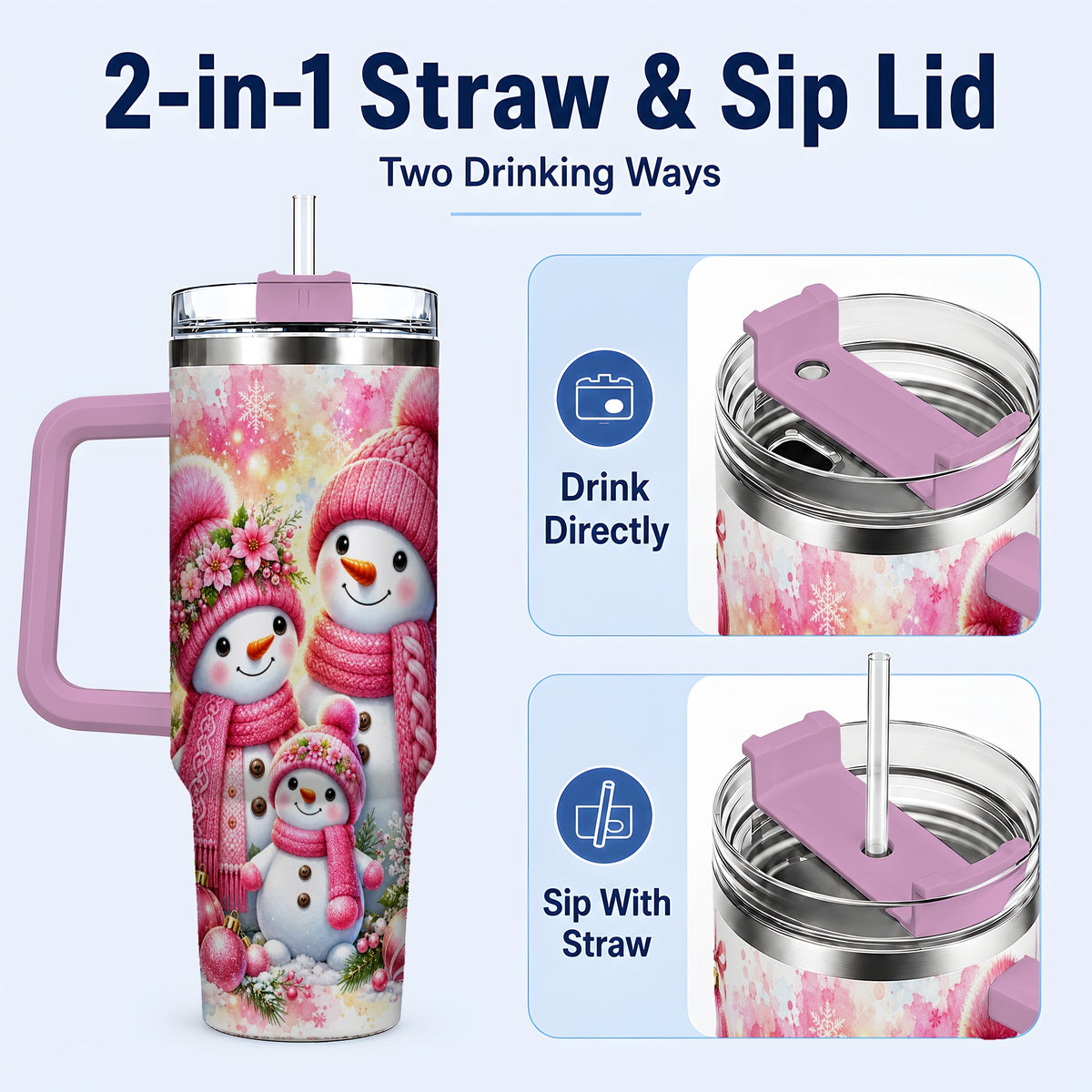#pl[40oz|Pink] Christmas Snowman Family 40oz Tumbler with Handle, Holiday Travel Cup