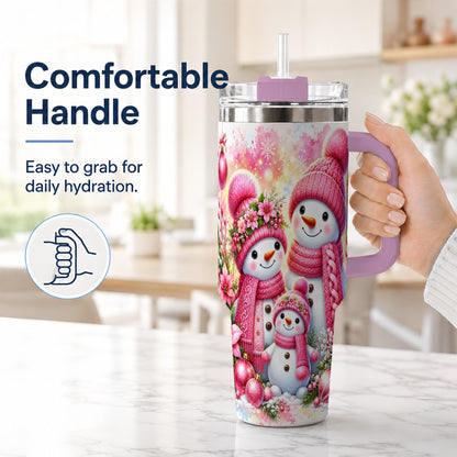 #pl[40oz|Pink] Christmas Snowman Family 40oz Tumbler with Handle, Holiday Travel Cup