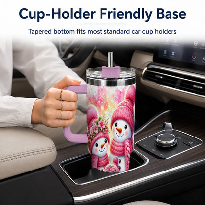 #pl[40oz|Pink] Christmas Snowman Family 40oz Tumbler with Handle, Holiday Travel Cup