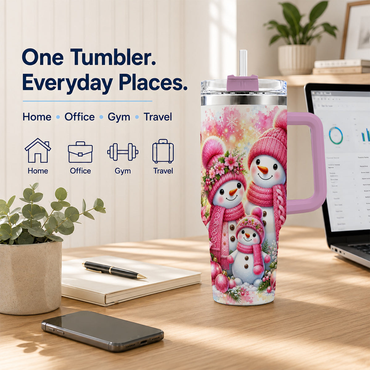 #pl[40oz|Pink] Christmas Snowman Family 40oz Tumbler with Handle, Holiday Travel Cup