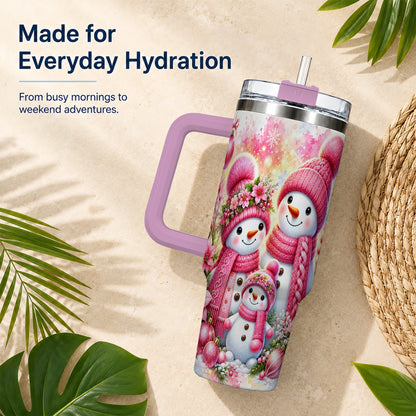 #pl[40oz|Pink] Christmas Snowman Family 40oz Tumbler with Handle, Holiday Travel Cup