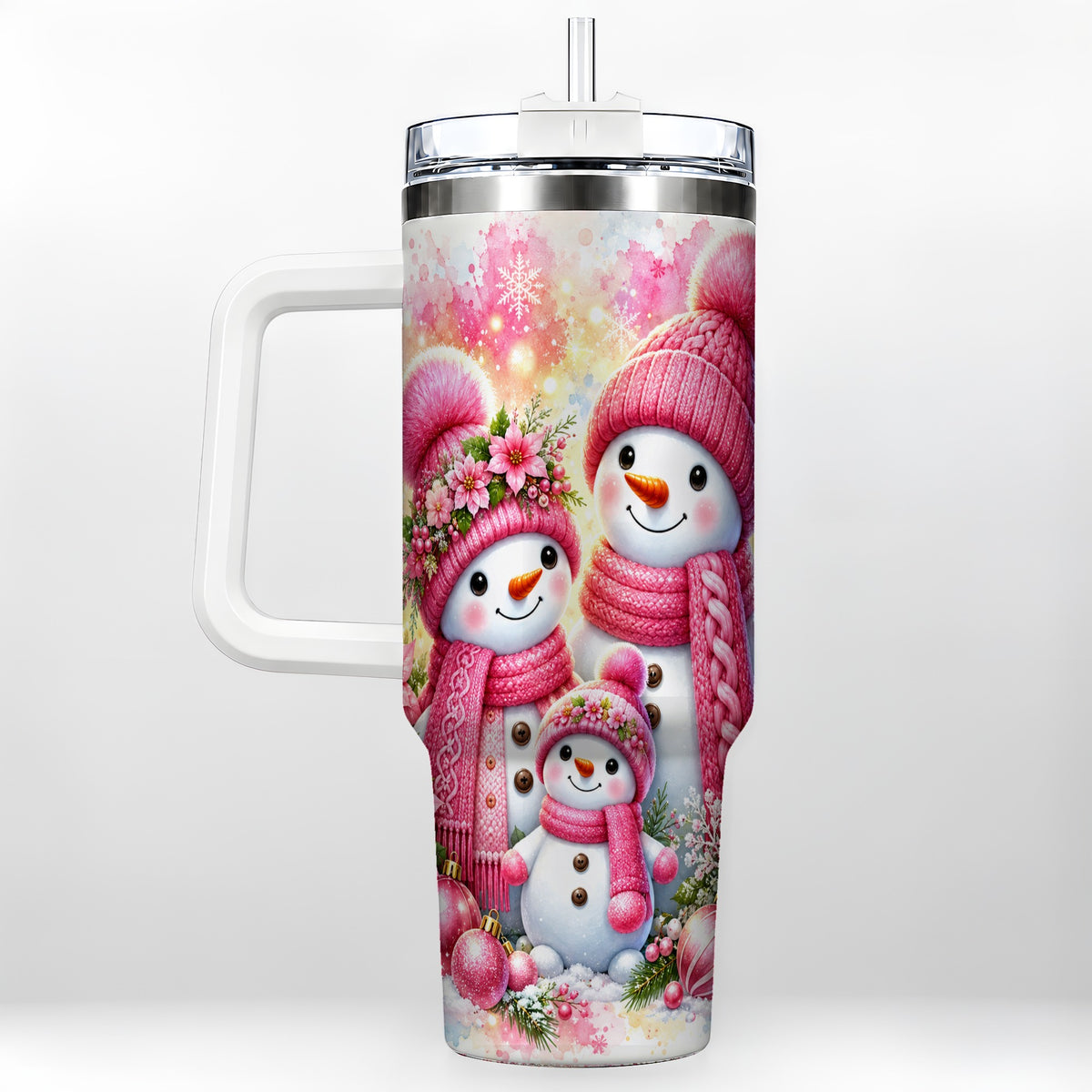Christmas Snowman Family 40oz Tumbler with Handle, Holiday Travel Cup