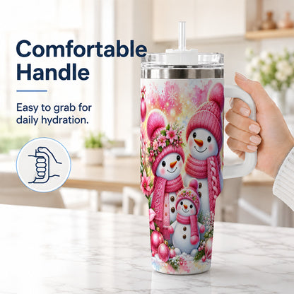 #pl[40oz|White] Christmas Snowman Family 40oz Tumbler with Handle, Holiday Travel Cup