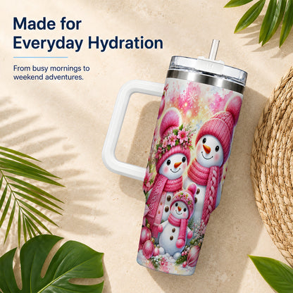 #pl[40oz|White] Christmas Snowman Family 40oz Tumbler with Handle, Holiday Travel Cup