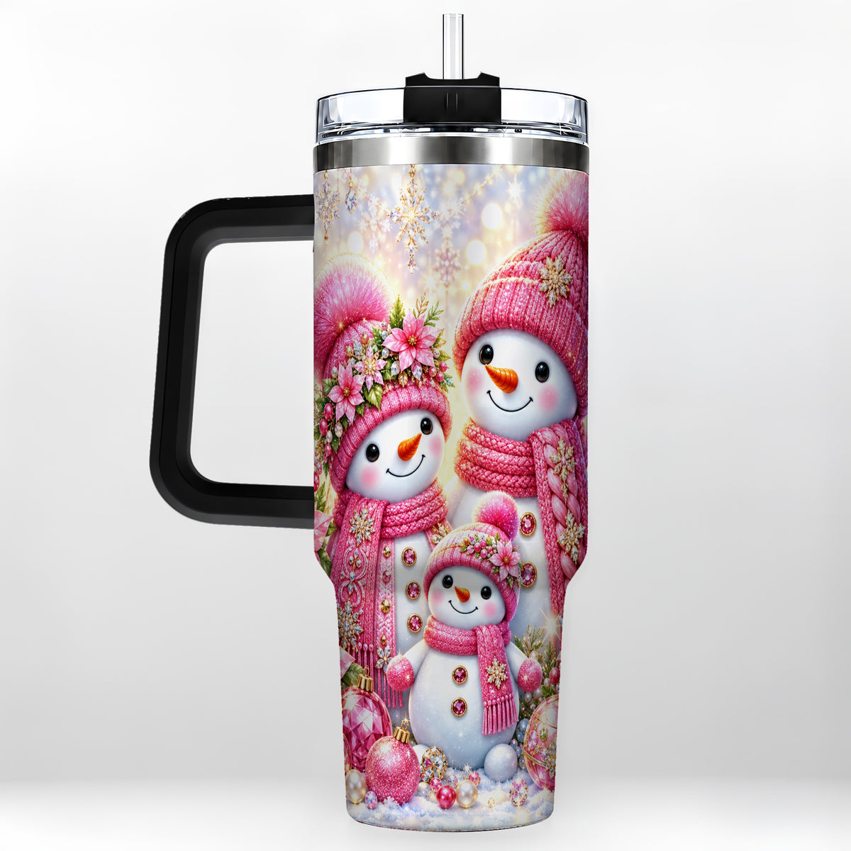 #pl[40oz|Black] Sparkling Snowman Family 40oz Tumbler with Handle, Winter Travel Cup