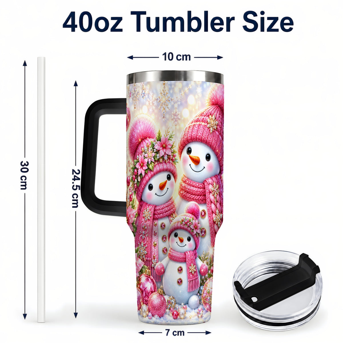 #pl[40oz|Black] Sparkling Snowman Family 40oz Tumbler with Handle, Winter Travel Cup
